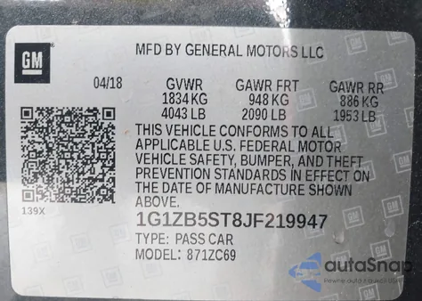 2018 Chevrolet Malibu 1Ls из США, поврежденный, VIN 1G1ZB5ST8JF219947